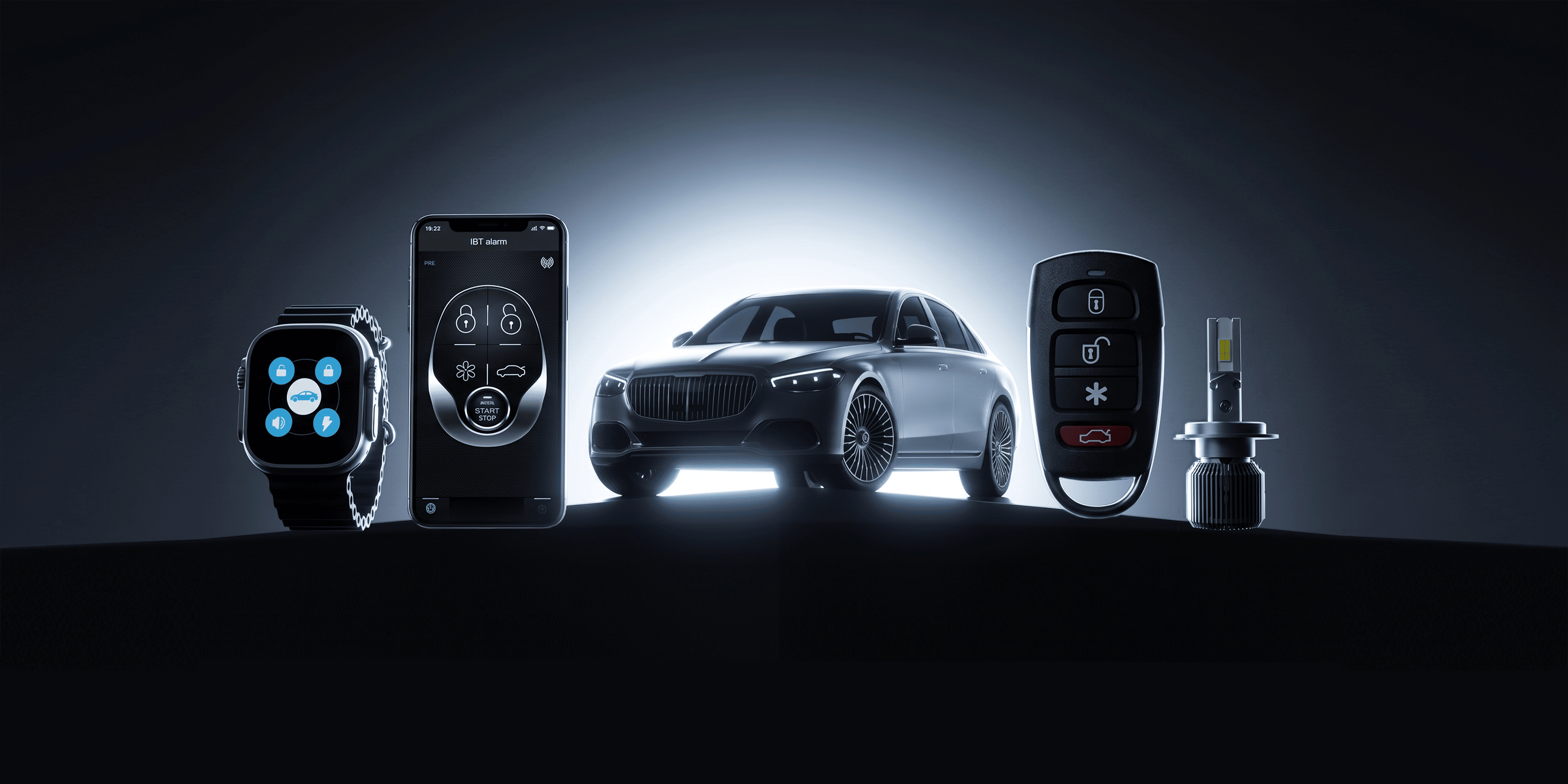 NTO car alarm products including smart watch, mobile app, car and remote controls
