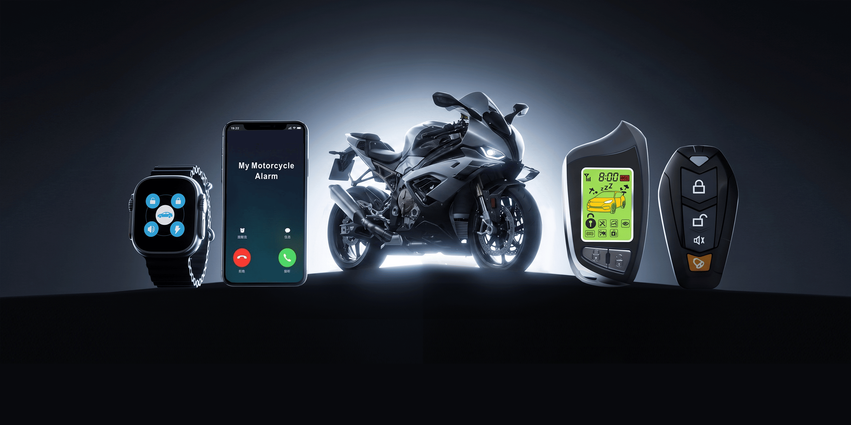 NTO motorcycle alarm products including app, motorcycle and remote controls